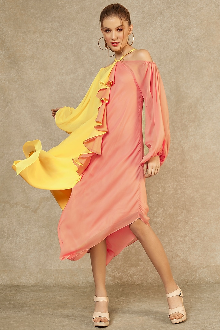 Irish Yellow & Cherry Blossom Cascade Dress by Wendell Rodricks