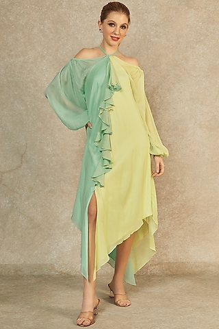 Lettuce Green & Seafoam Cascade Dress by Wendell Rodricks