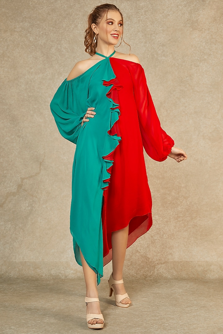 Cyan & Red Flame Cascade Summer Dress by Wendell Rodricks at Pernia's Pop Up Shop