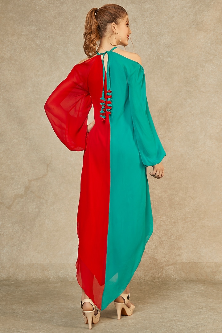Cyan & Red Flame Cascade Summer Dress by Wendell Rodricks at Pernia's Pop Up Shop