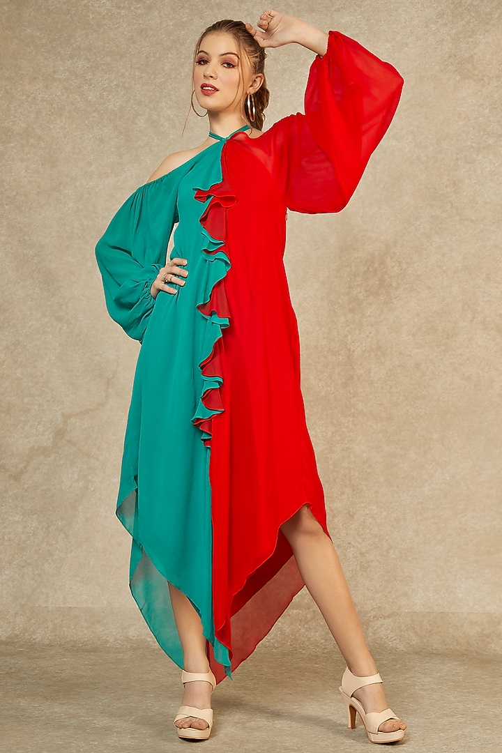 Cyan & Red Flame Cascade Summer Dress by Wendell Rodricks at Pernia's Pop Up Shop