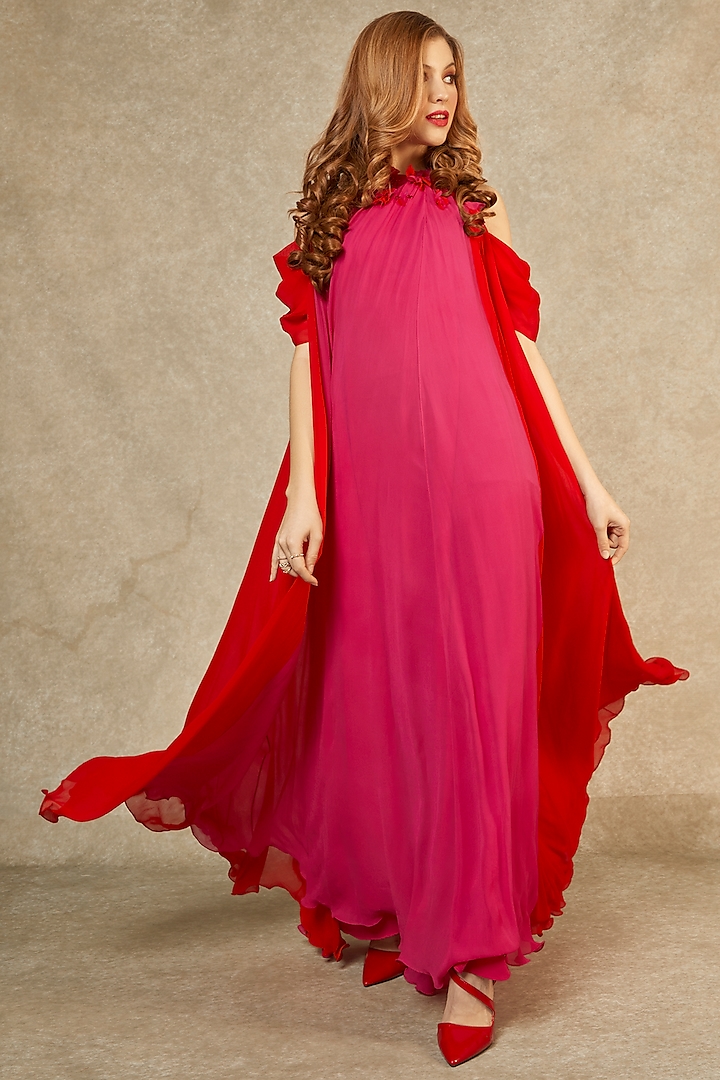 Magenta & Red Flame Panel Gown by Wendell Rodricks