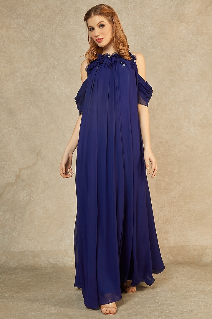 Midnight Blue Tonal Panelled Gown by Wendell Rodricks