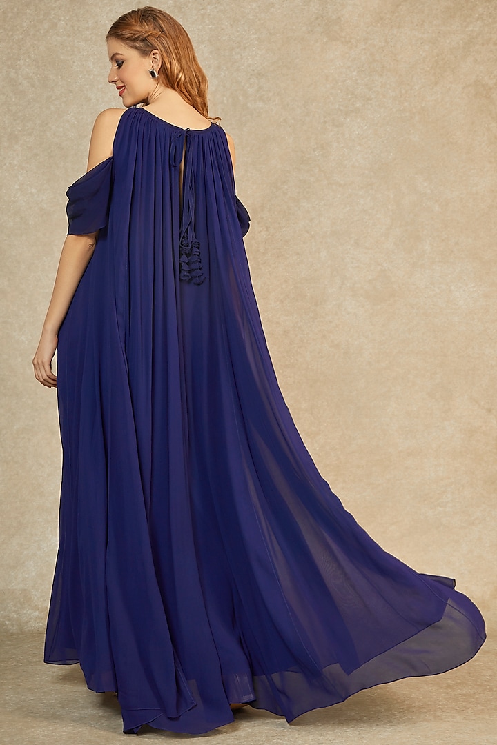 Midnight Blue Tonal Panelled Gown by Wendell Rodricks at Pernia's Pop Up Shop