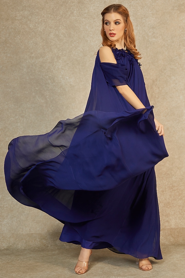 Midnight Blue Tonal Panelled Gown by Wendell Rodricks at Pernia's Pop Up Shop