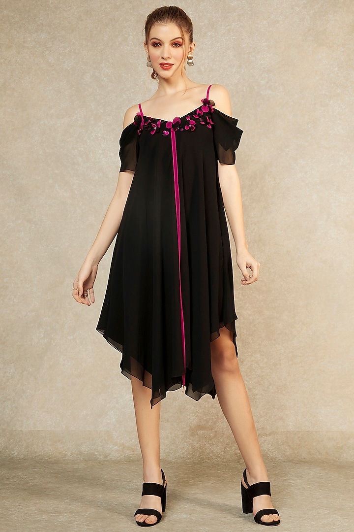 Black Hanky Hem Magenta Tape Dress by Wendell Rodricks