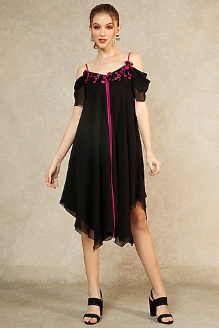 Black Hanky Hem Magenta Tape Dress by Wendell Rodricks
