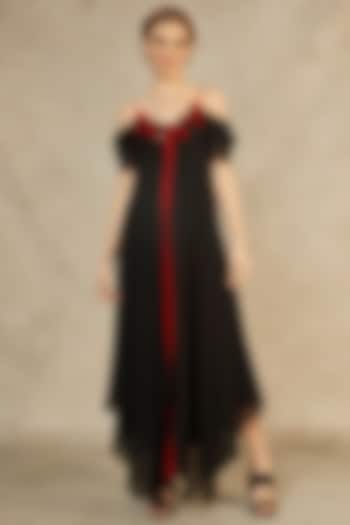 Black Hanky Hem Red Flame Tape Gown by Wendell Rodricks