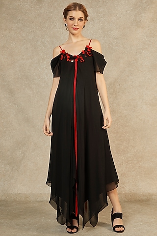 Black Hanky Hem Red Flame Tape Gown by Wendell Rodricks