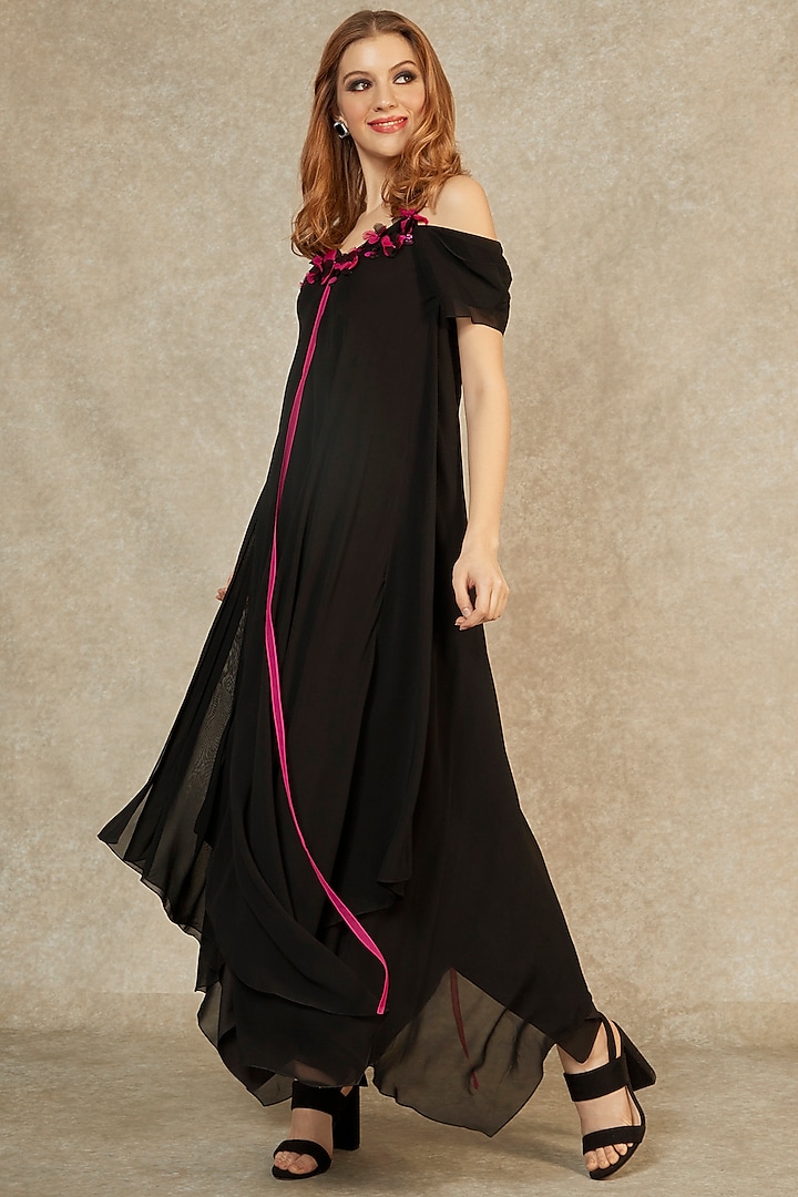 Black Hanky Hem Magenta Tape Gown by Wendell Rodricks at Pernia's Pop Up Shop