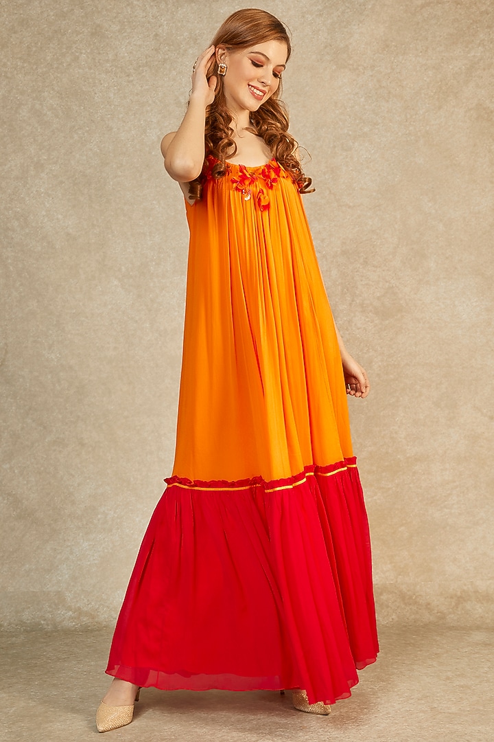 Flame Orange & Ruby Gathered Gown by Wendell Rodricks at Pernia's Pop Up Shop