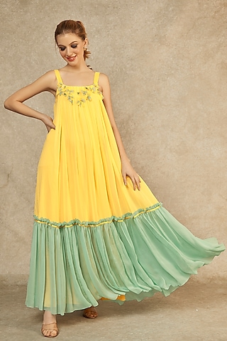 Irish Yellow & Seafoam Gathered Gown by Wendell Rodricks