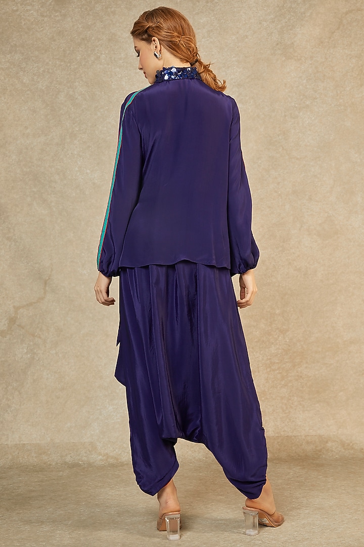 Midnight Blue Overlay Shirt & Drop Crotch Pants by Wendell Rodricks at Pernia's Pop Up Shop
