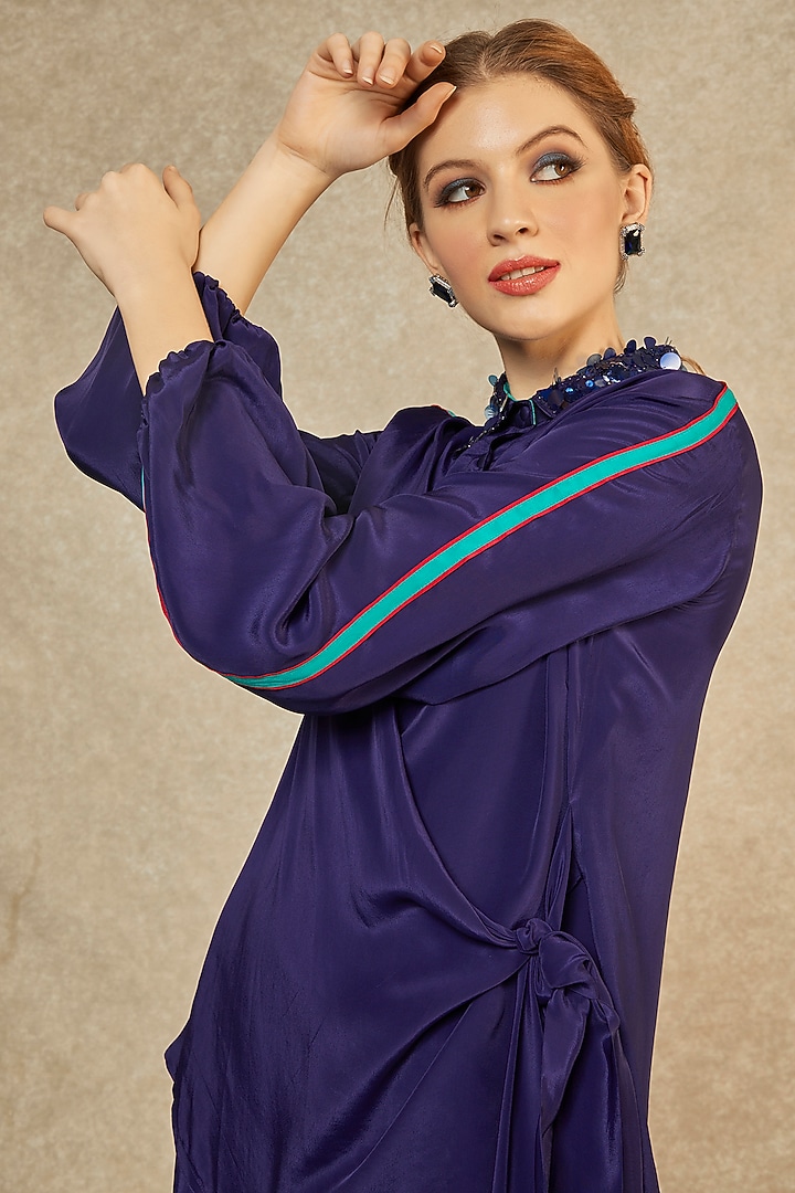 Midnight Blue Overlay Shirt & Drop Crotch Pants by Wendell Rodricks at Pernia's Pop Up Shop