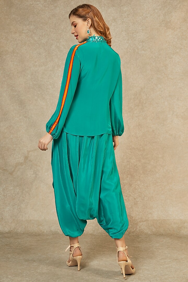 Cyan Overlay Shirt & Drop Crotch Pants by Wendell Rodricks at Pernia's Pop Up Shop