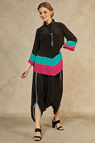 Black Short Tunic & Drop Crotch Pants by Wendell Rodricks