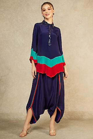 Midnight Blue Short Tunic & Drop Crotch Pants  by Wendell Rodricks