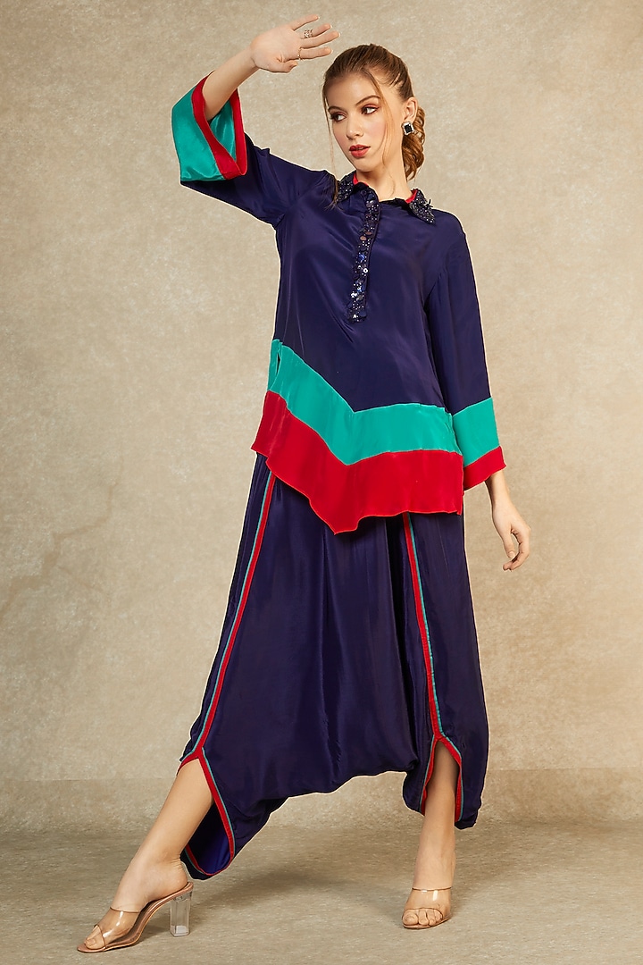 Midnight Blue Short Tunic & Drop Crotch Pants by Wendell Rodricks at Pernia's Pop Up Shop