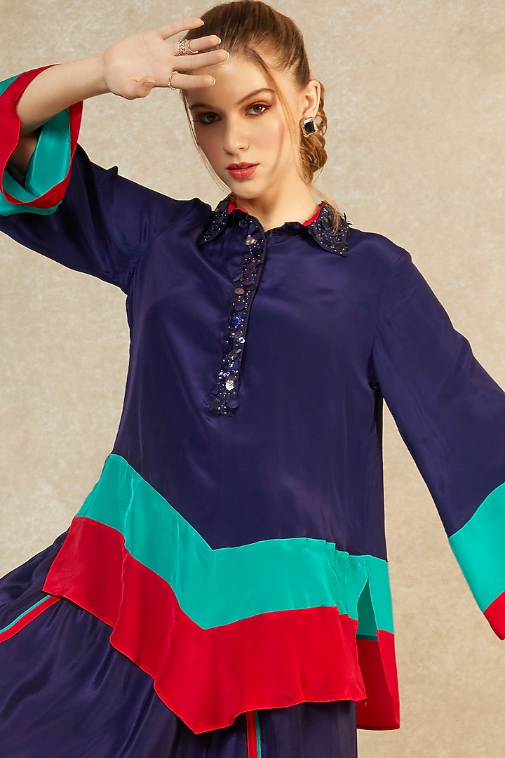 Midnight Blue Short Tunic & Drop Crotch Pants by Wendell Rodricks at Pernia's Pop Up Shop