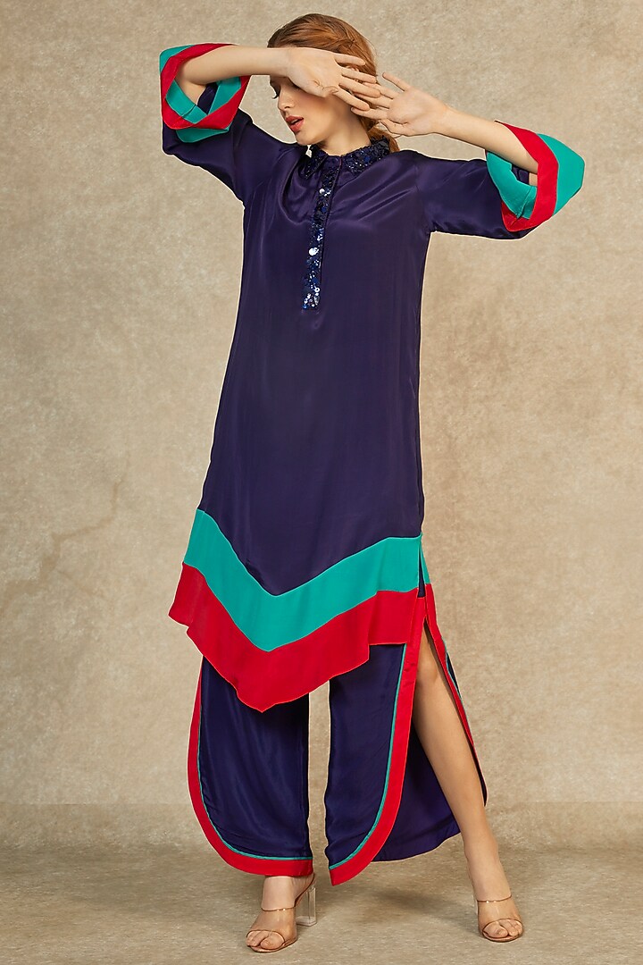 Midnight Blue Long Tunic & Petal Pants by Wendell Rodricks at Pernia's Pop Up Shop