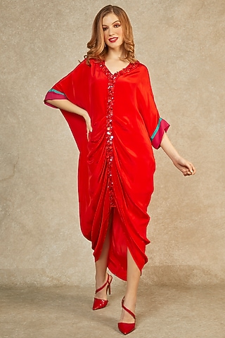 Red Flame Cowl Kaftan  by Wendell Rodricks