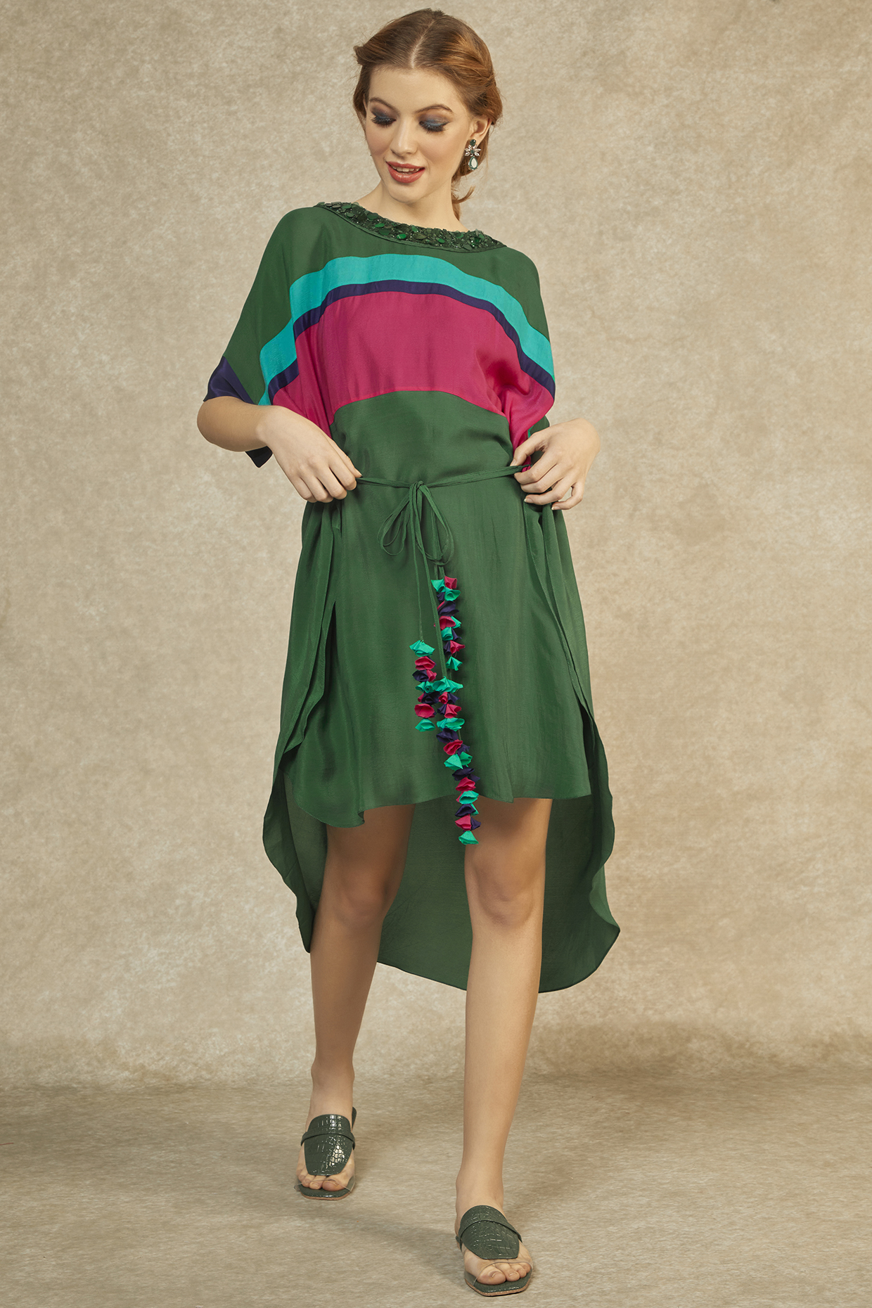 Dark Green Hi-Low Kaftan by Wendell Rodricks at Pernia's Pop Up Shop