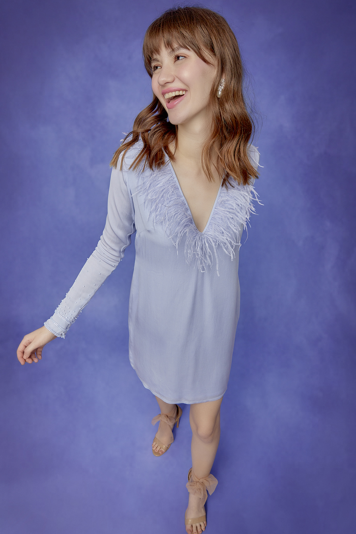 Periwinkle Double Georgette Tunic With Feathers by Wendell Rodricks at Pernia's Pop Up Shop