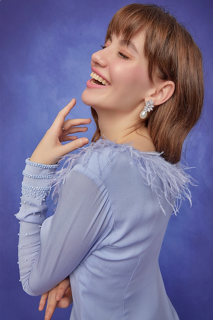 Periwinkle Double Georgette Tunic With Feathers by Wendell Rodricks at Pernia's Pop Up Shop