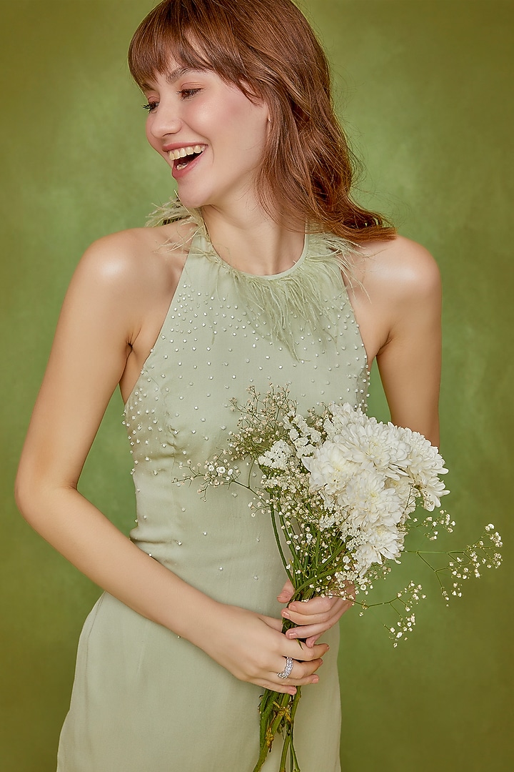Light Green Double Georgette Summer Dress by Wendell Rodricks at Pernia's Pop Up Shop