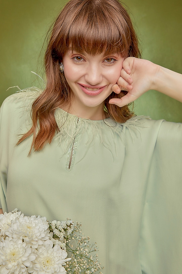Light Green Double Georgette Embroidered Kaftan by Wendell Rodricks at Pernia's Pop Up Shop
