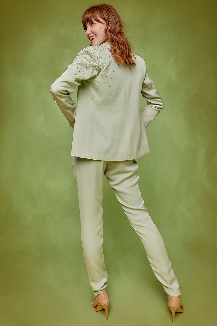 Light Green Double Georgette Embroidered Blazer Set by Wendell Rodricks at Pernia's Pop Up Shop