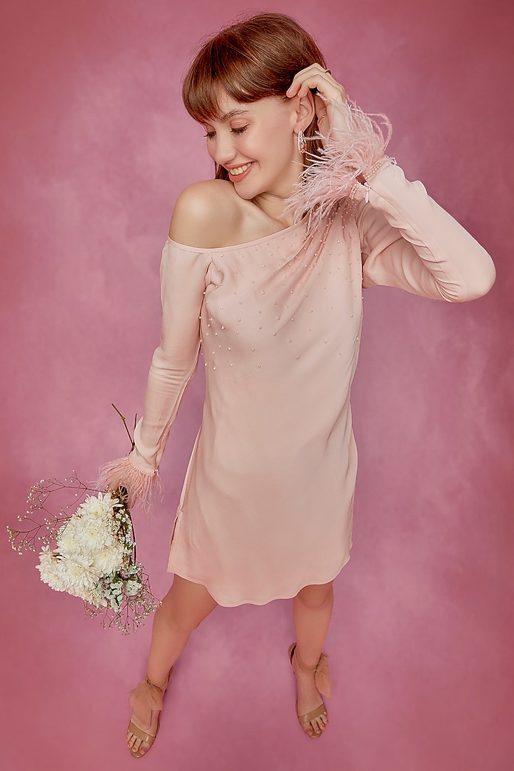 Light Pink Double Georgette One Shoulder Summer Dress by Wendell Rodricks at Pernia's Pop Up Shop