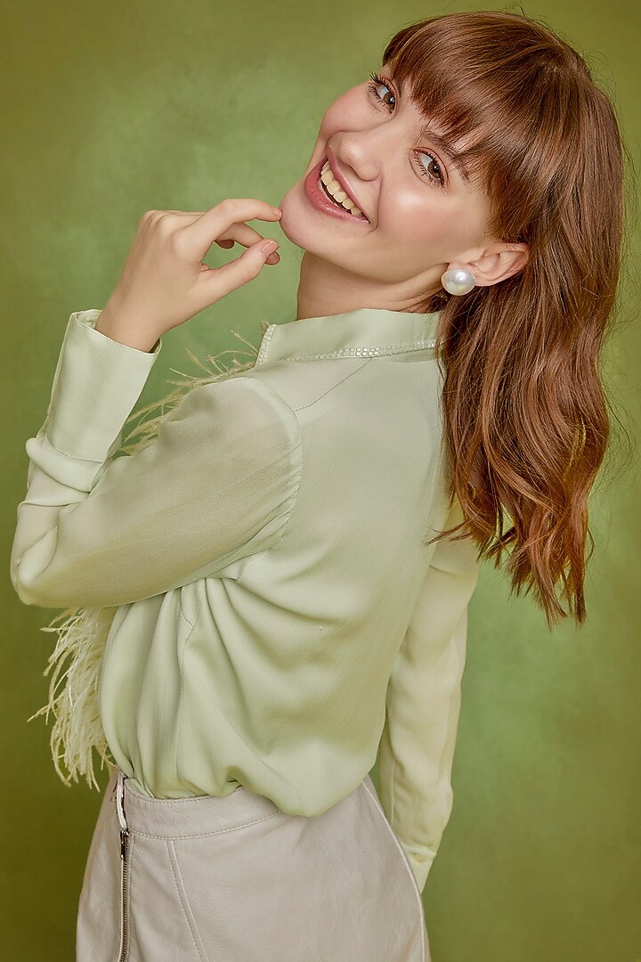 Light Green Double Georgette Embroidered Shirt by Wendell Rodricks at Pernia's Pop Up Shop
