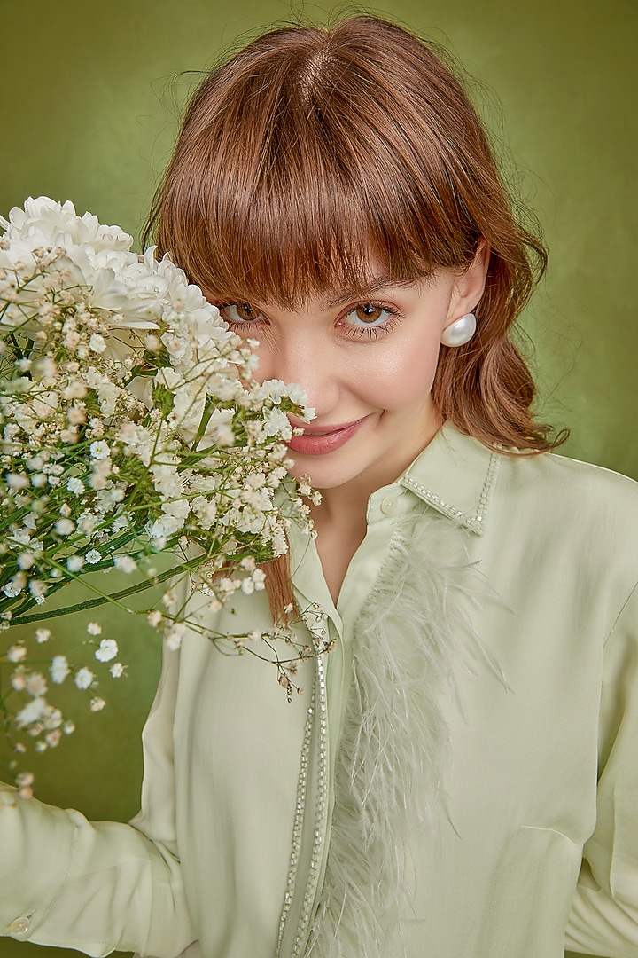 Light Green Double Georgette Embroidered Shirt by Wendell Rodricks at Pernia's Pop Up Shop