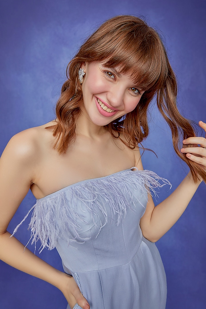 Periwinkle Double Georgette Off-Shoulder Jumpsuit by Wendell Rodricks at Pernia's Pop Up Shop