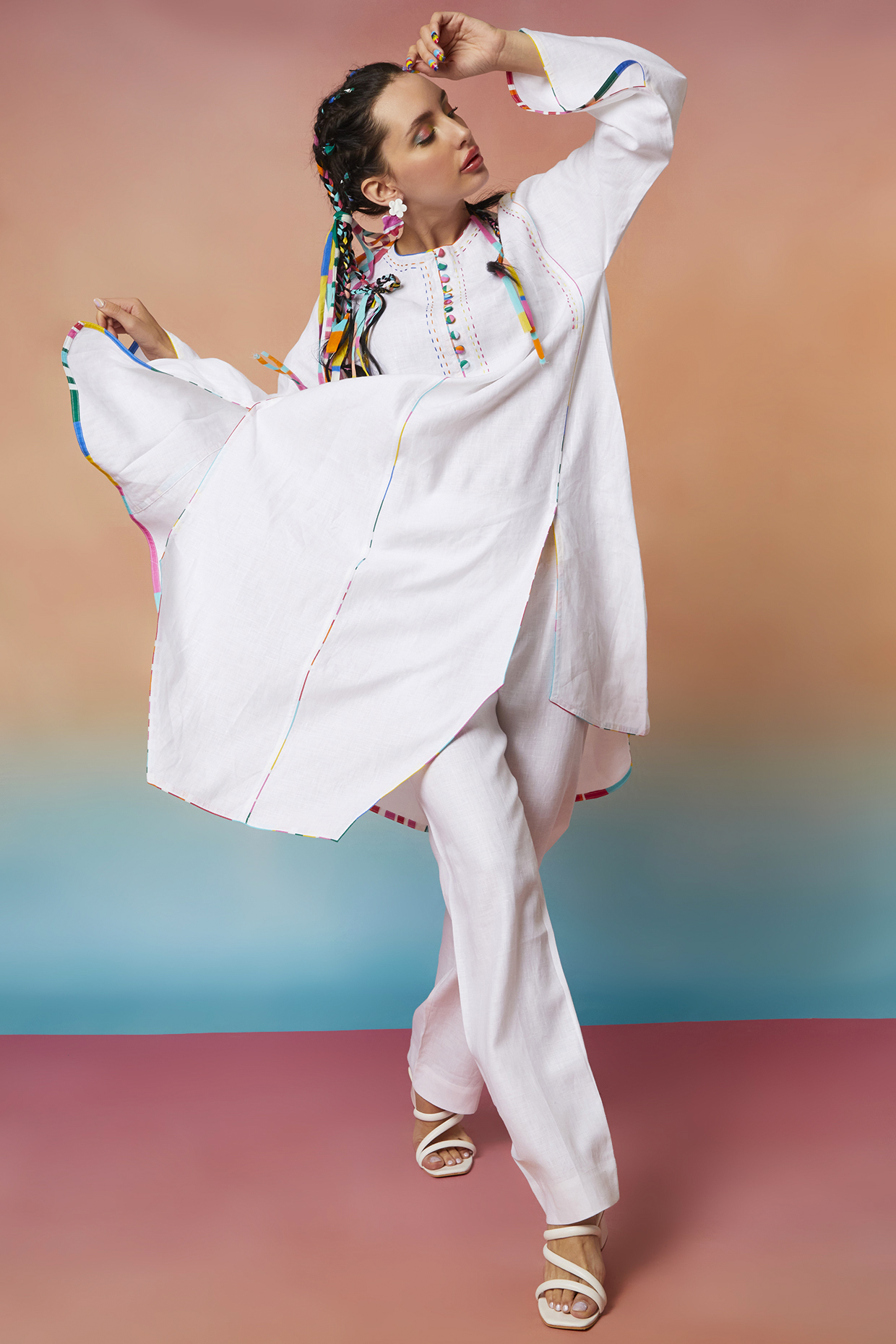 White Linen Asymmetric Kurta by Wendell Rodricks at Pernia's Pop Up Shop