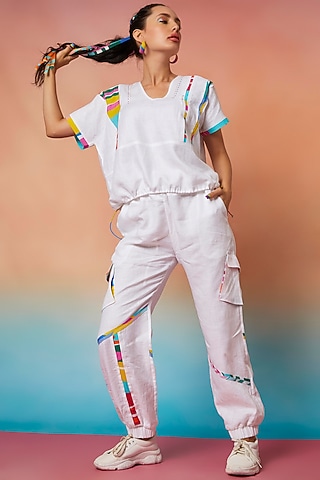 White Linen Jogger Pants by Wendell Rodricks