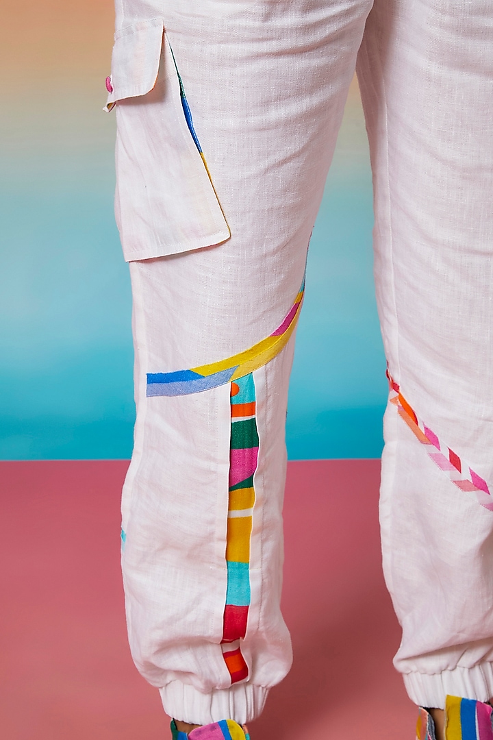 White Linen Jogger Pants by Wendell Rodricks