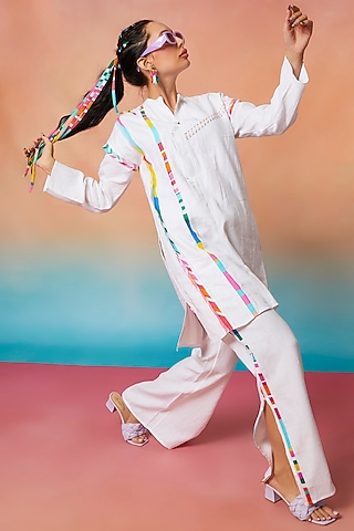 White Side Striped With Slit Pants by Wendell Rodricks