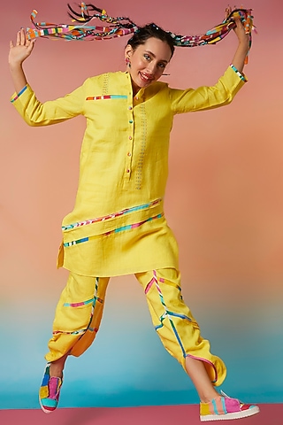 Yellow Linen Striped Dhoti Pants by Wendell Rodricks