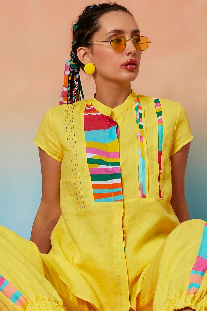 Yellow Linen Yoke Top by Wendell Rodricks at Pernia's Pop Up Shop
