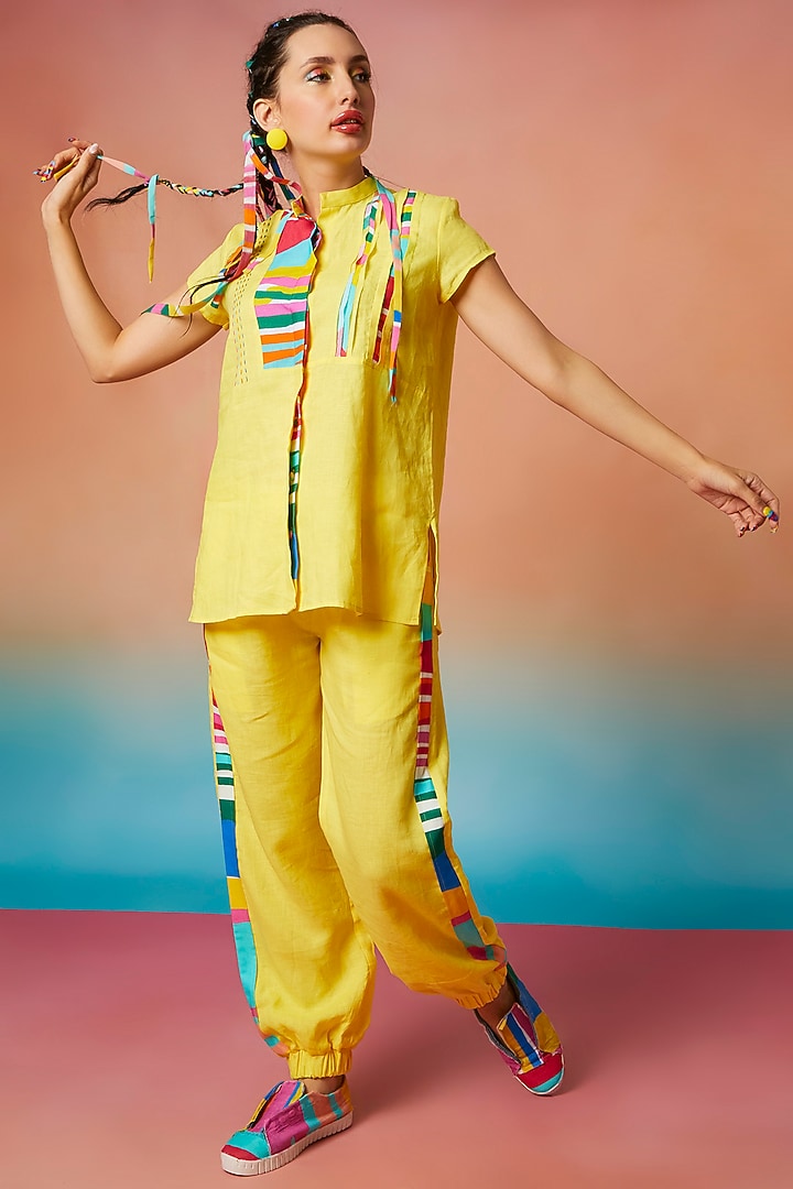 Yellow Linen Side Striped Jogger Pants by Wendell Rodricks at Pernia's Pop Up Shop