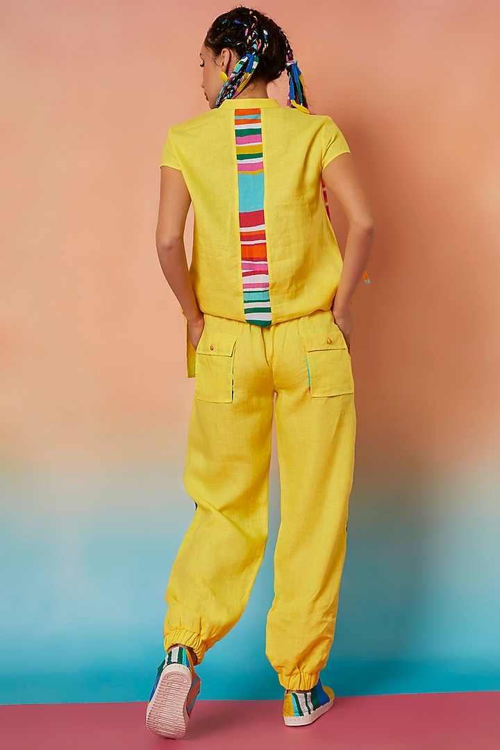 Yellow Linen Side Striped Jogger Pants by Wendell Rodricks at Pernia's Pop Up Shop