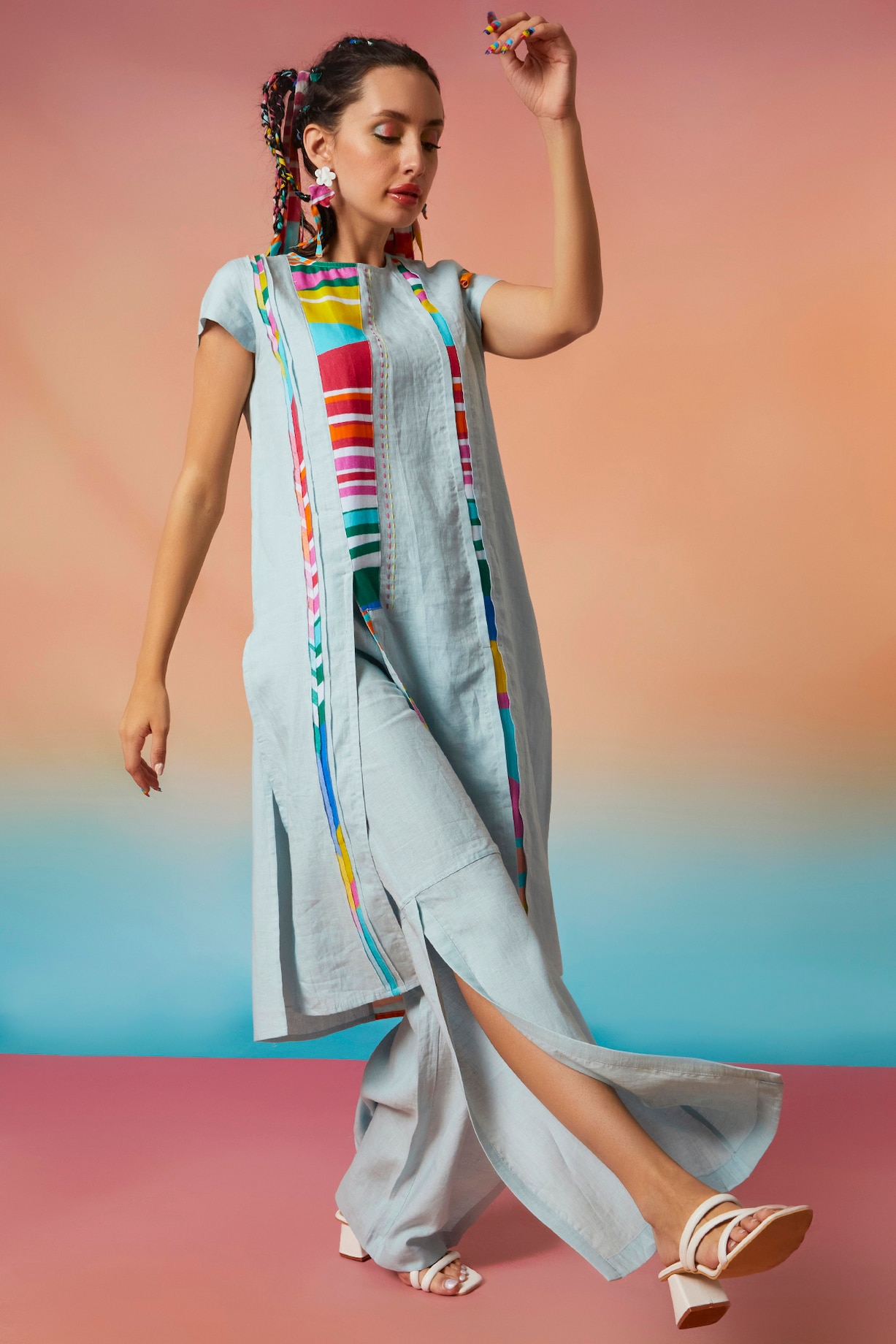 Pale Blue Linen Side Slit Pants by Wendell Rodricks at Pernia's - Main Image