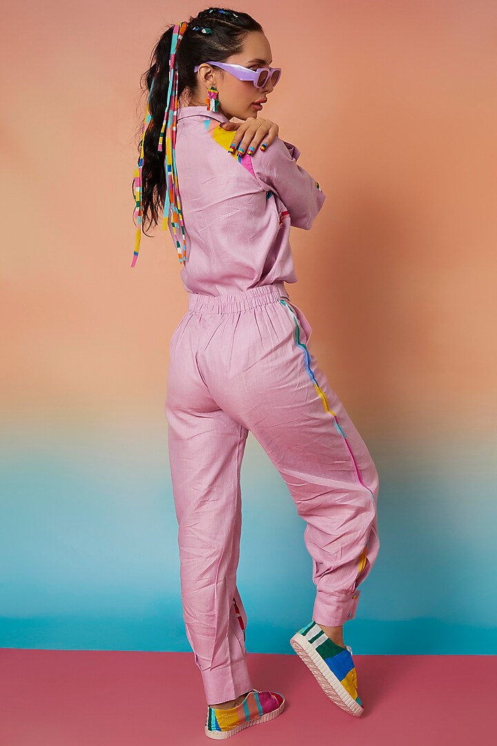 Lavender Linen Pleated Striped Joggers by Wendell Rodricks at Pernia's Pop Up Shop