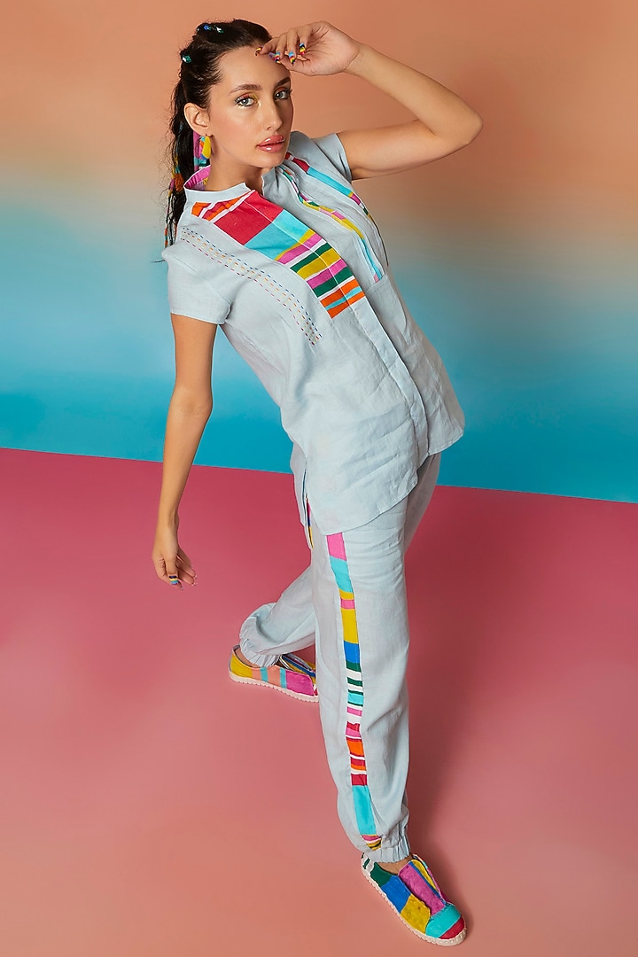 Pale Blue Linen Yoke Top by Wendell Rodricks at Pernia's Pop Up Shop