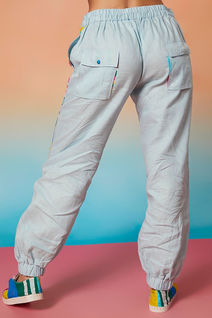 Pale Blue Linen Side Striped Jogger Pants by Wendell Rodricks at Pernia's Pop Up Shop