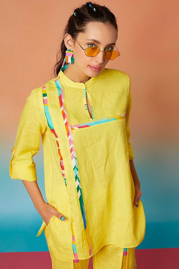 Yellow Linen Band Collar Top by Wendell Rodricks at Pernia's Pop Up Shop