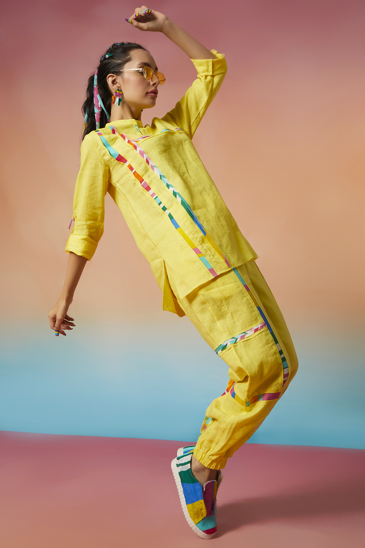 Yellow Linen Two Striped Jogger Pants by Wendell Rodricks