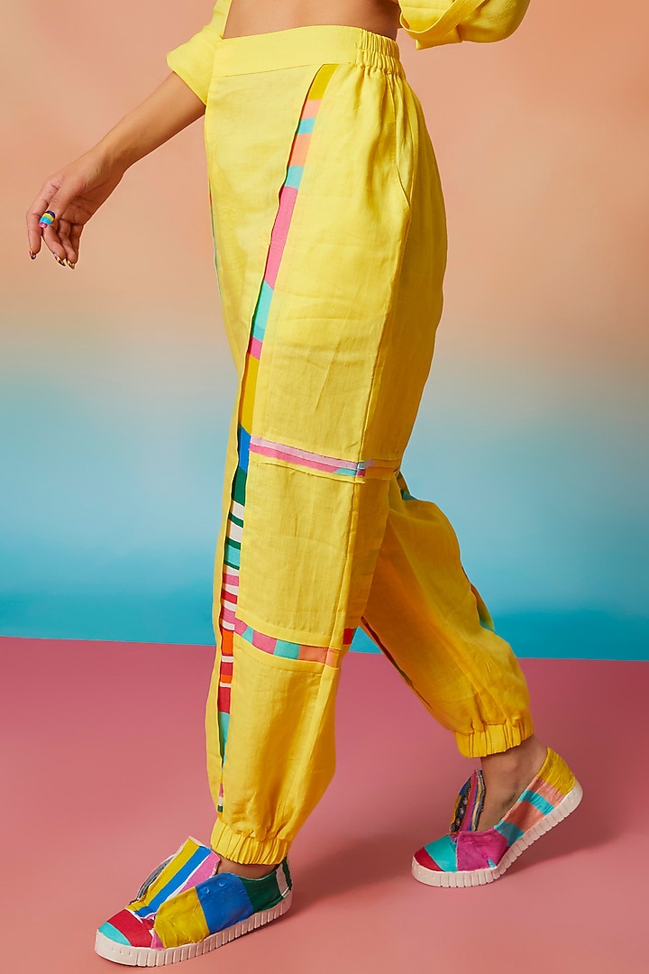 Yellow Linen Two Striped Jogger Pants by Wendell Rodricks at Pernia's Pop Up Shop